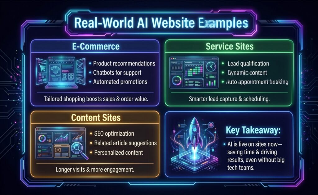 An infographic titled 'Real-World AI Website Examples' showing a grid of four color-coded sections detailing how AI is used on different types of sites. It includes examples for 'E-Commerce' focusing on tailored shopping and sales, 'Service Sites' focusing on lead capture and scheduling, 'Content Sites' focusing on engagement, and a 'Key Takeaway' that AI is currently live, saves time, and drives results even without large technology teams.