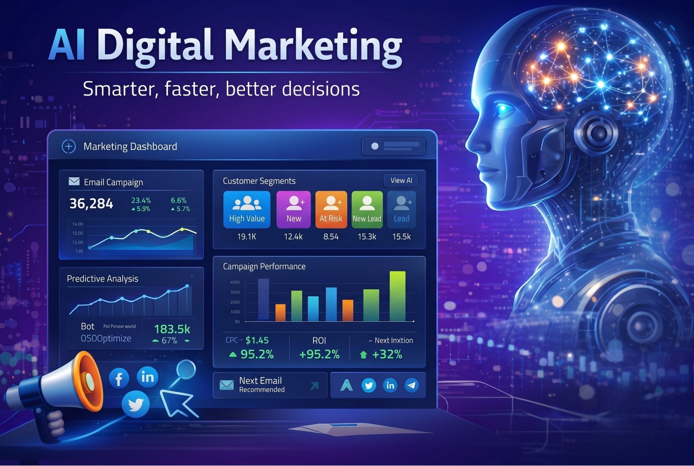 A futuristic graphic titled "AI Digital Marketing: Smarter, faster, better decisions," showing a glowing robotic profile looking at a laptop displaying a marketing analytics dashboard, alongside a megaphone and social media icons.