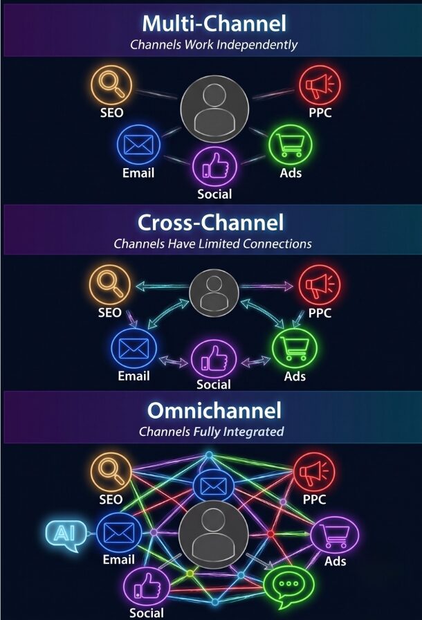 Diagram comparing Multi-Channel, Cross-Channel, and Omnichannel marketing strategies and their level of channel integration.