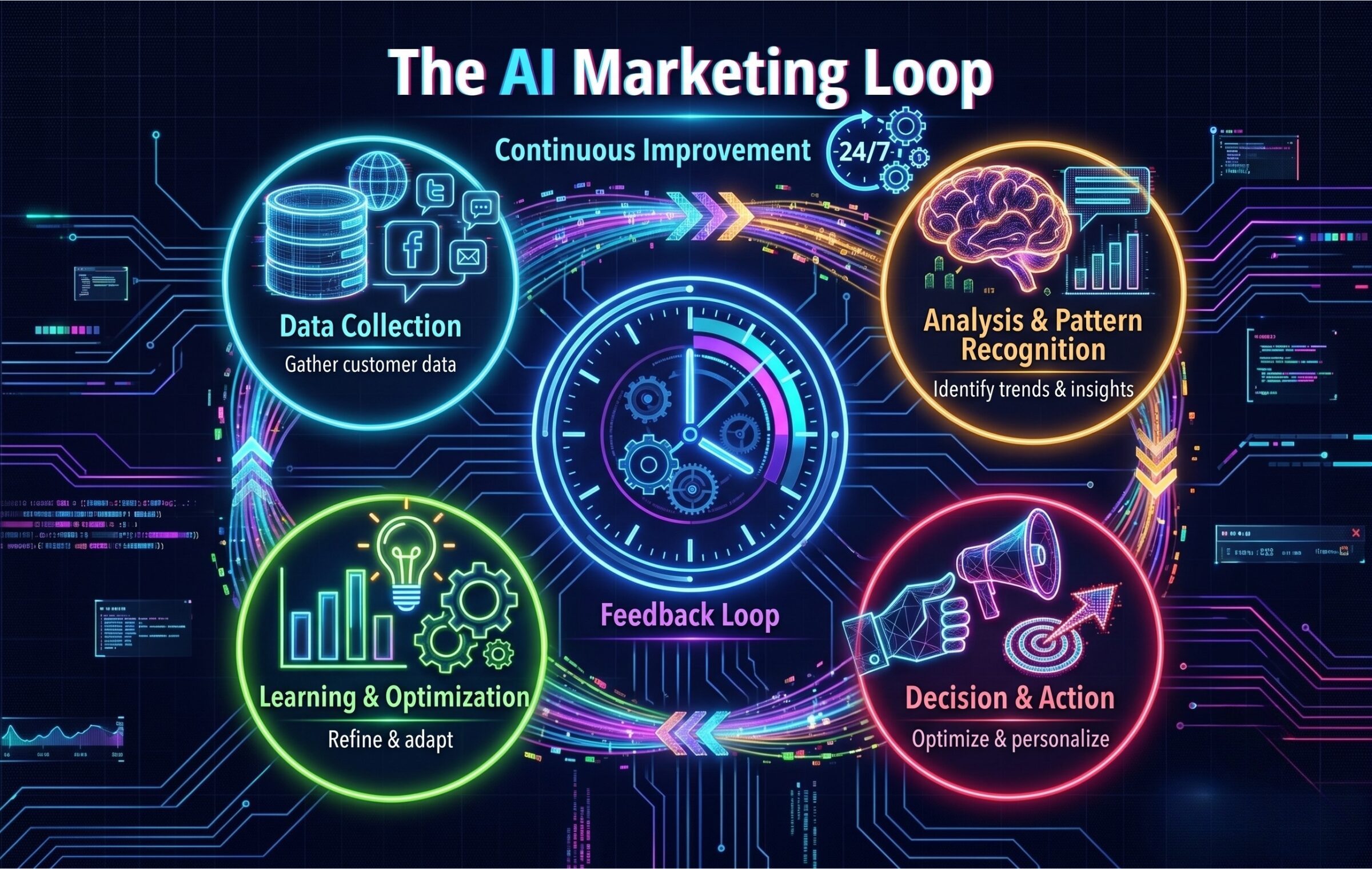 A glowing neon infographic titled 'The AI Marketing Loop' by bgood media, showing a continuous cycle of Data Collection, Analysis & Pattern Recognition, Decision & Action, and Learning & Optimization surrounding a central Feedback Loop clock on a dark cybernetic background.