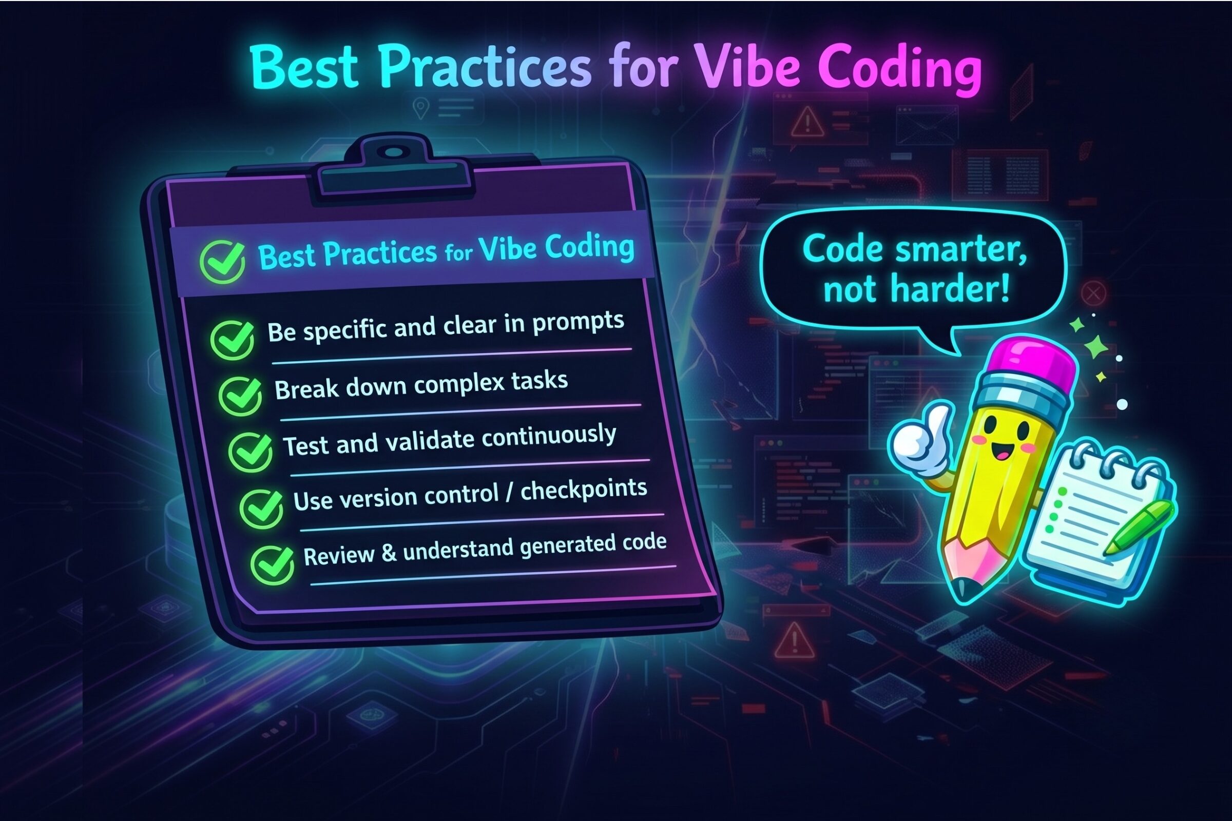 A vibrant neon-style infographic featuring a cute cartoon pencil character giving a thumbs-up and a speech bubble reading "Code smarter, not harder!" Next to the character is a glowing checklist of five "Best Practices for Vibe Coding" on a dark digital background.