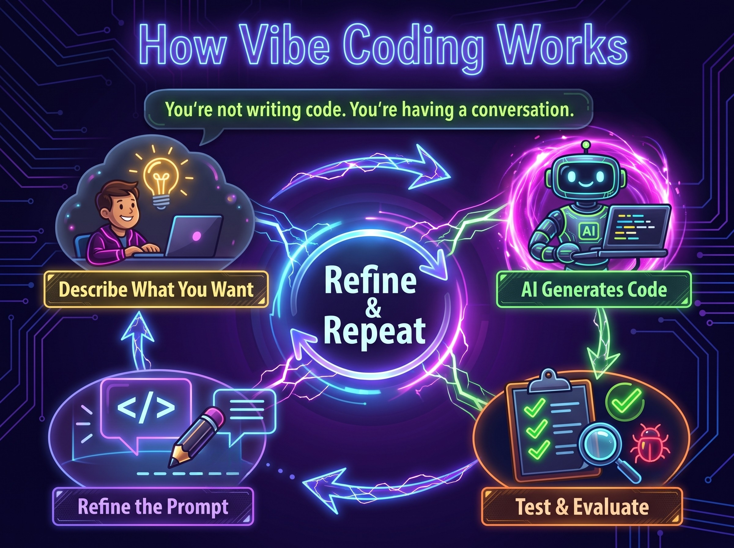 A modern neon-style infographic cycle titled "How Vibe Coding Works" on a dark, futuristic circuit background. It details the iterative human-AI collaboration process for software creation, with four key steps connected in a counter-clockwise loop: 'Describe What You Want', 'AI Generates Code', 'Test & Evaluate', and 'Refine the Prompt', connected to a central 'Refine & Repeat' core.