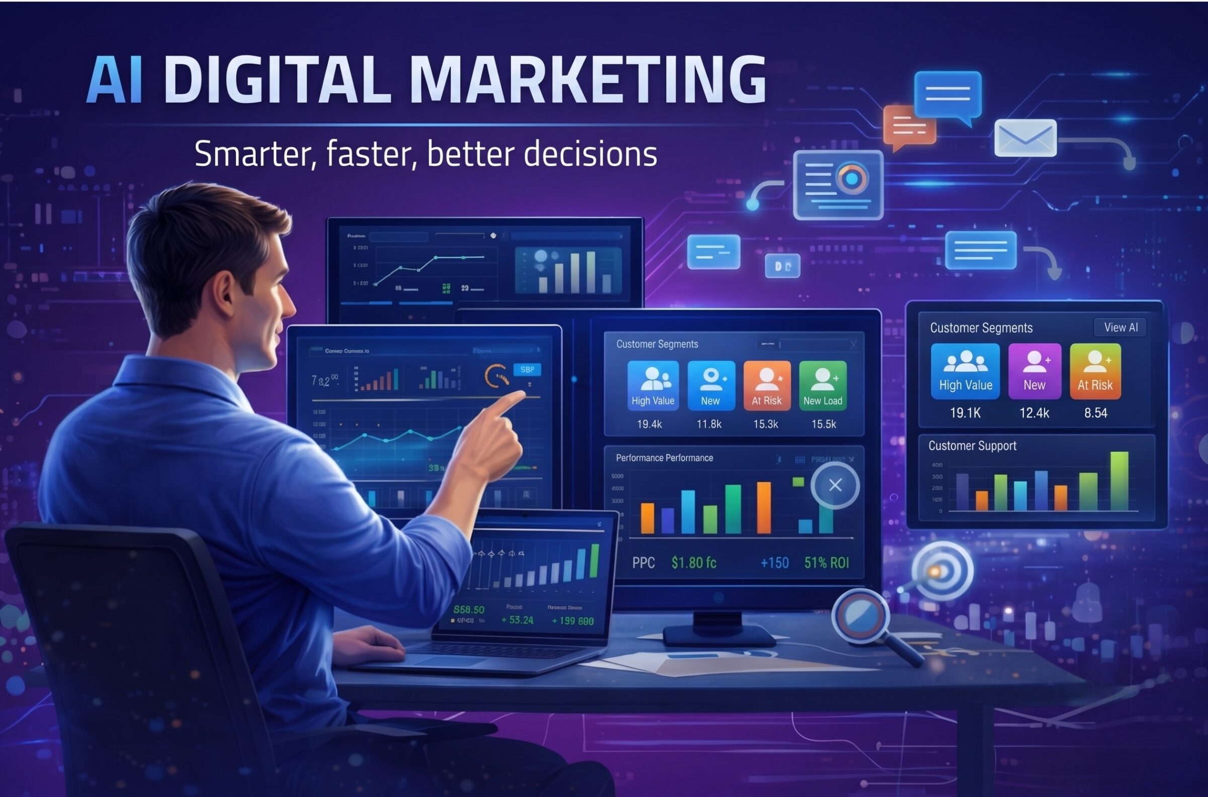 A professional sitting at a desk pointing at data dashboards while collaborating with a glowing holographic AI assistant, representing human-AI integration in marketing and data analytics.