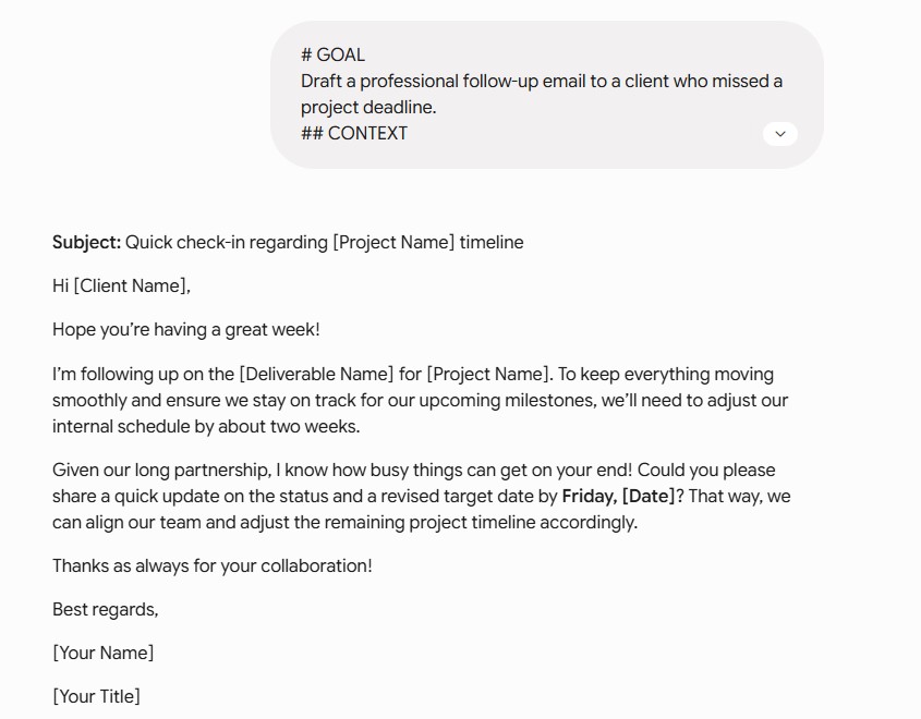 Markdown prompt example using Gemini for a client email