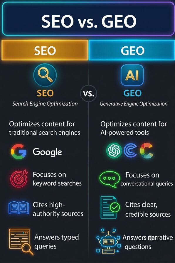 A high-resolution, dark-background neon-style infographic that contrasts SEO (Traditional Search Engine Optimization) with GEO (Generative Engine Optimization). The left column (SEO, gold/orange) and the right column (GEO, cyan/blue) feature clear headers and descriptive bullet points with specific, improved icons and explicit, labeled context.
