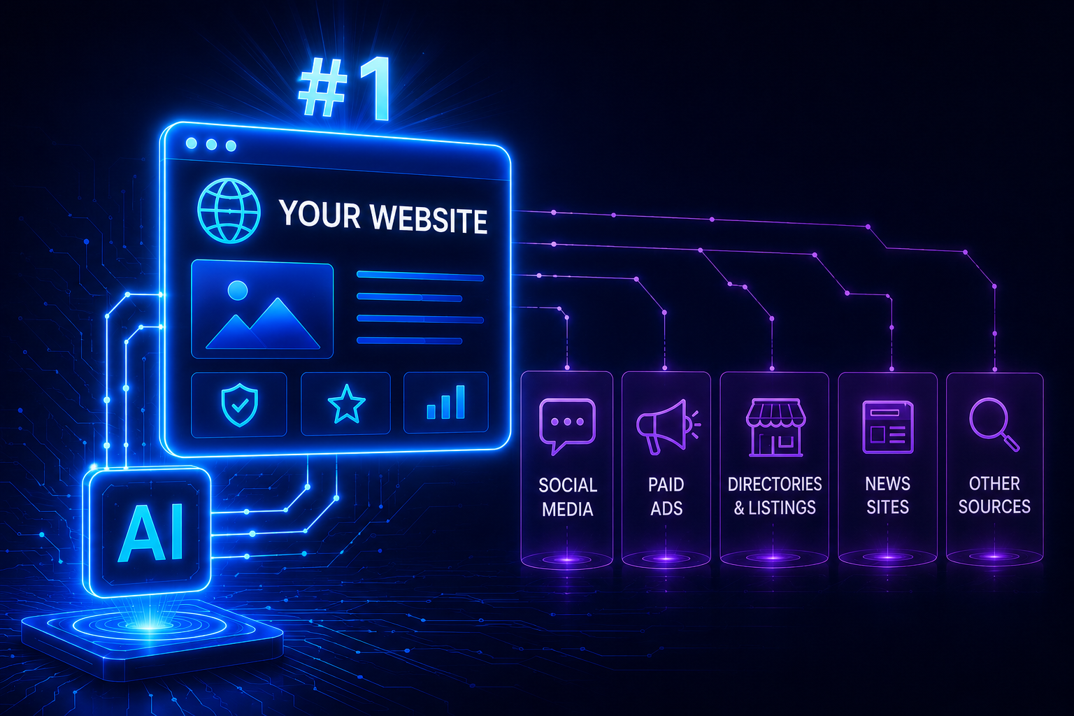 A digital infographic showing an AI module routing traffic to a website from social media, paid ads, directories, news sites, and other sources.