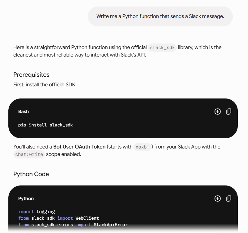 your standard/typical basic AI prompt for a Python code script to use with sending Slack messages