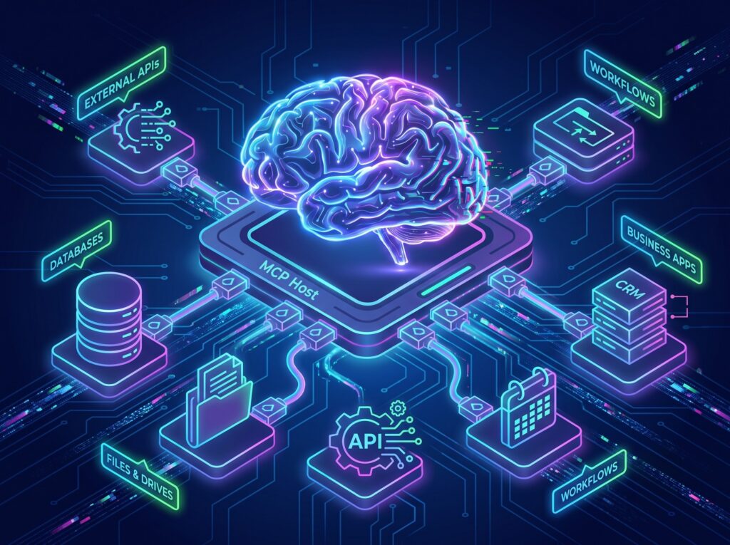 A glowing neon artificial intelligence brain acting as an MCP Host, connected by digital data pathways to external business tools like databases, CRMs, APIs, and file drives to illustrate how the Model Context Protocol works.