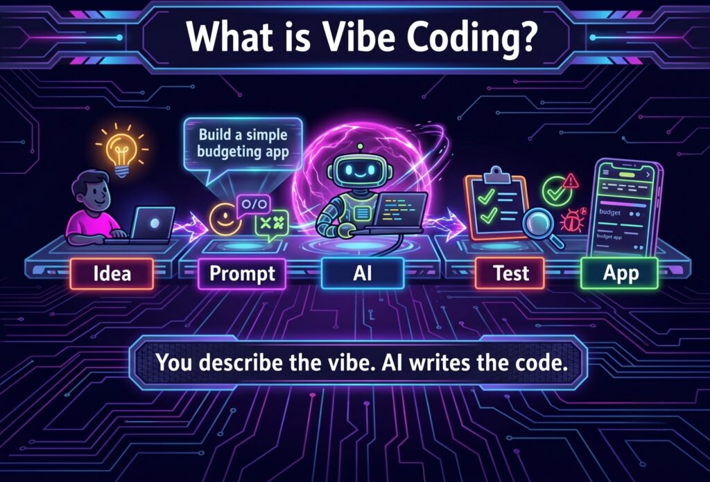 A neon-style infographic titled "What is Vibe Coding?" set against a dark, glowing circuit board background. A five-step flowchart illustrates the process left-to-right with glowing arrows: "Idea" (a person at a laptop with a lightbulb), "Prompt" (chat interface bubbles), "AI" (a robot surrounded by glowing energy processing code), "Test" (a checklist with a magnifying glass and bug), and "App" (a completed mobile application interface). At the bottom, glowing text reads, "You describe the vibe. AI writes the code." The color palette features vibrant neon blues, purples, pinks, and greens.