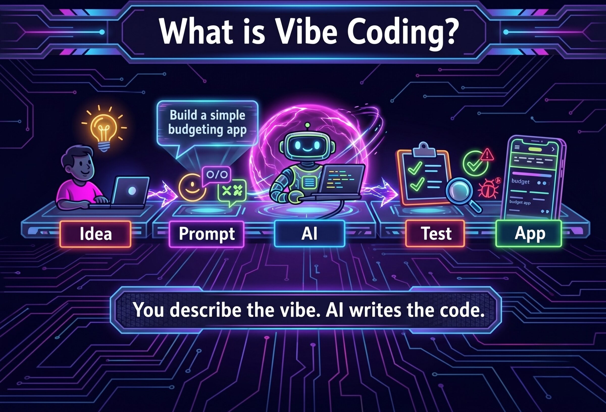 A neon-style infographic titled "What is Vibe Coding?" set against a dark, glowing circuit board background. A five-step flowchart illustrates the process left-to-right with glowing arrows: "Idea" (a person at a laptop with a lightbulb), "Prompt" (chat interface bubbles), "AI" (a robot surrounded by glowing energy processing code), "Test" (a checklist with a magnifying glass and bug), and "App" (a completed mobile application interface). At the bottom, glowing text reads, "You describe the vibe. AI writes the code." The color palette features vibrant neon blues, purples, pinks, and greens.