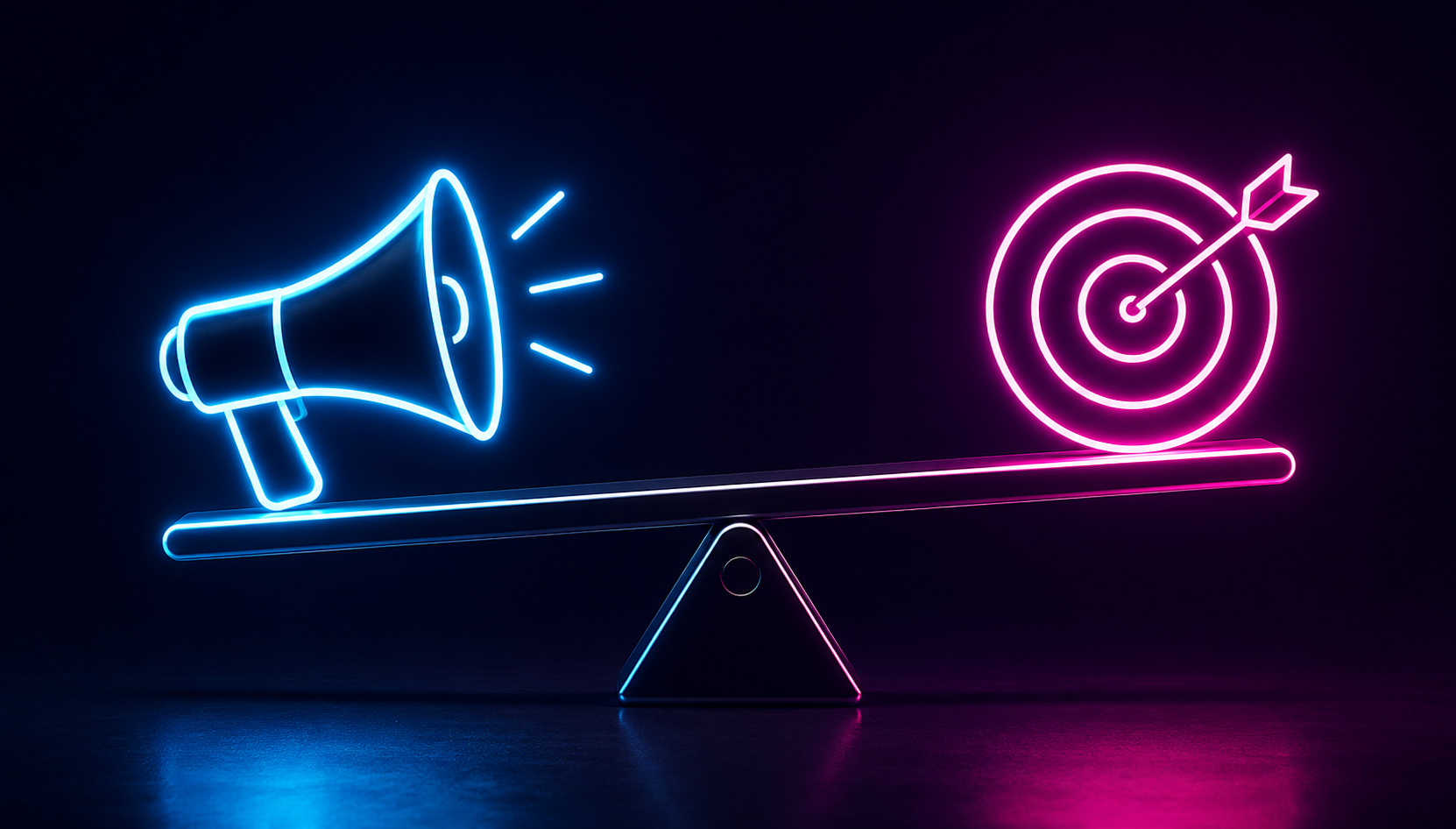 A neon blue megaphone and pink bullseye target on a scale, representing lead volume versus targeted conversion balance.