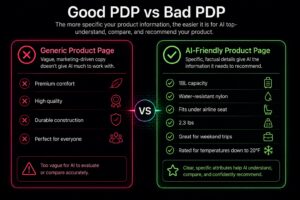 Neon pink and green graphic highlighting the differences between "good", or well performing, product pages versus "bad" PDPs for an eCommerce website.