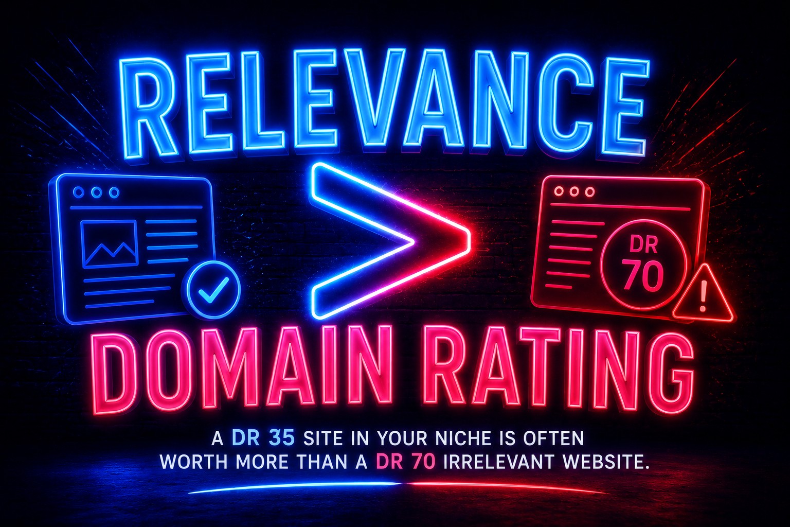 Neon sign graphic stating Relevance is greater than Domain Rating for SEO backlinks, comparing a DR 35 site to a DR 70 site.
