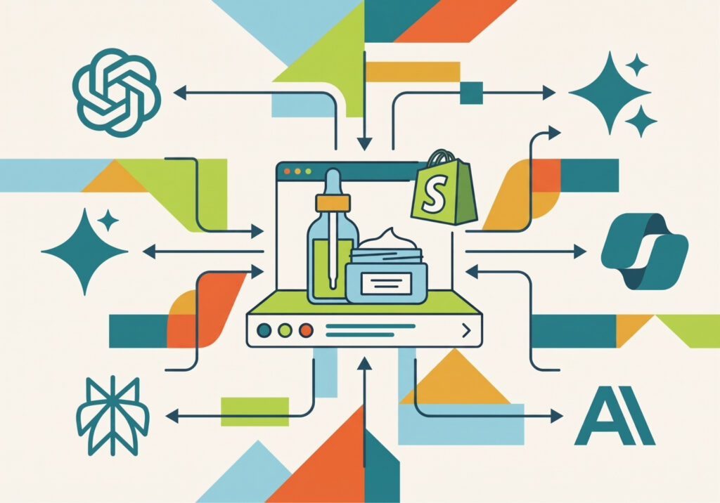 A colorful graphic with arrows connecting the various AI platforms, including Shopify, with a lab set in the middle highlighting the SEO work that goes into ranking for LLMs and AI search.