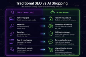 A guide highlighting all of the differences between traditional SEO and AI shopping